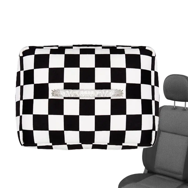 Car Tissue Box Holder Tissue Box Cover Napkin Holder Fashion Black And White Plaid Car Seats Tissue Box Portable Backseat