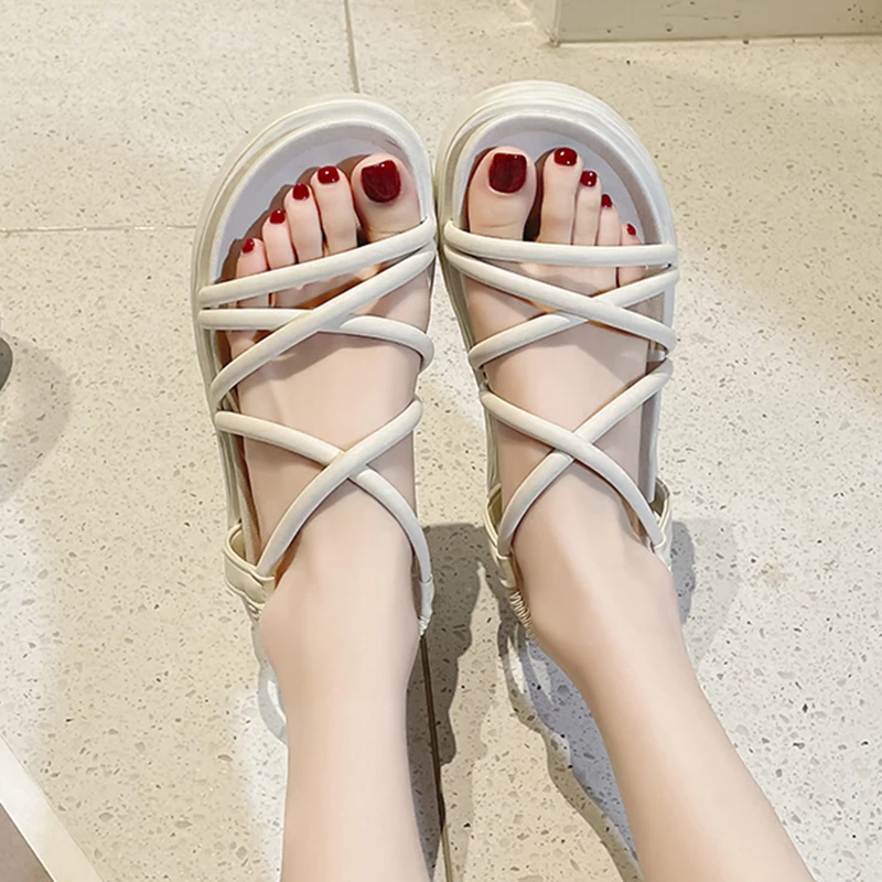 Rimocy Cross Strap Gladiator Sandals for Women Summer Thick Platform Wedges Sandles Woman Casual Back Elastic Band Roman Shoes