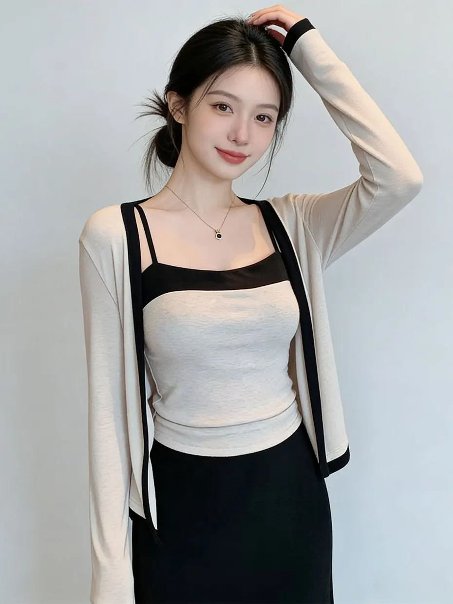 

Весенний вязаный комплект: женский укороченный кардиган, топ без рукавов и юбка — повседневный модный комплект из двух предметов из полиэфирного волокна