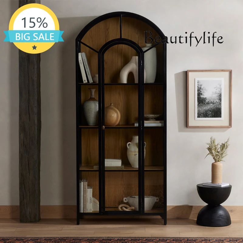 

SS American Light Luxury Solid Wood Bookcase Simple Household High-grade Black Arched Display Cabinet With Glass Door