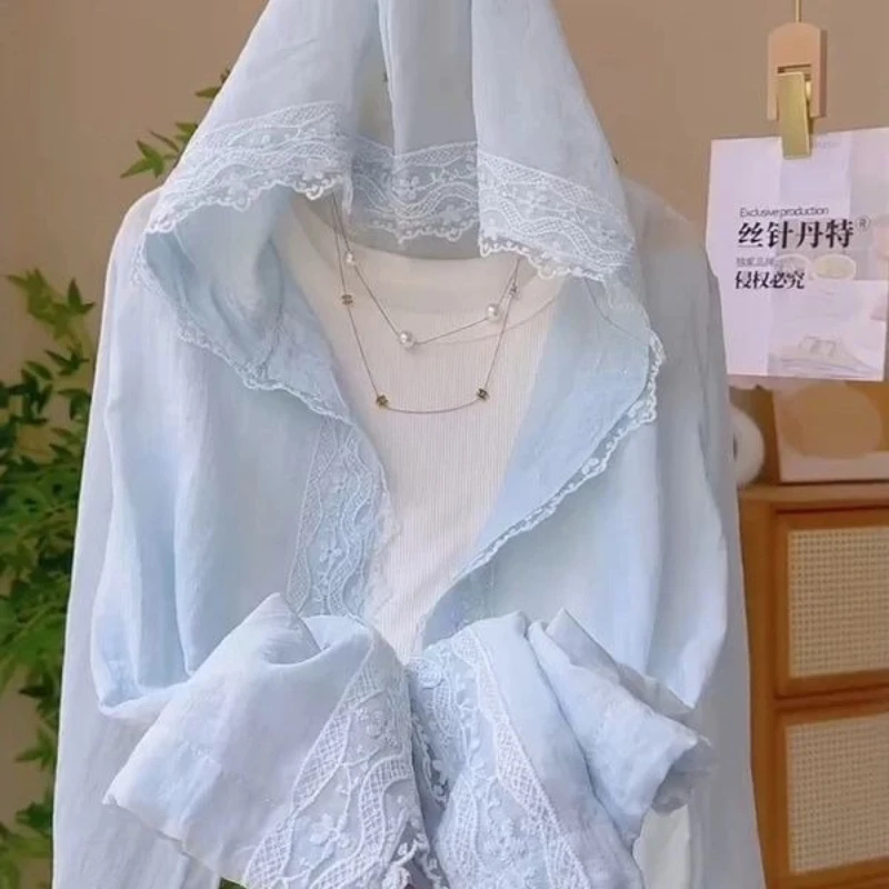 Coquette Sweet Lace Trim Hooded Sun Protection Jacket Women Lightweight Breathable Ruffle Cuff Summer Casual Daily Outfit 2026