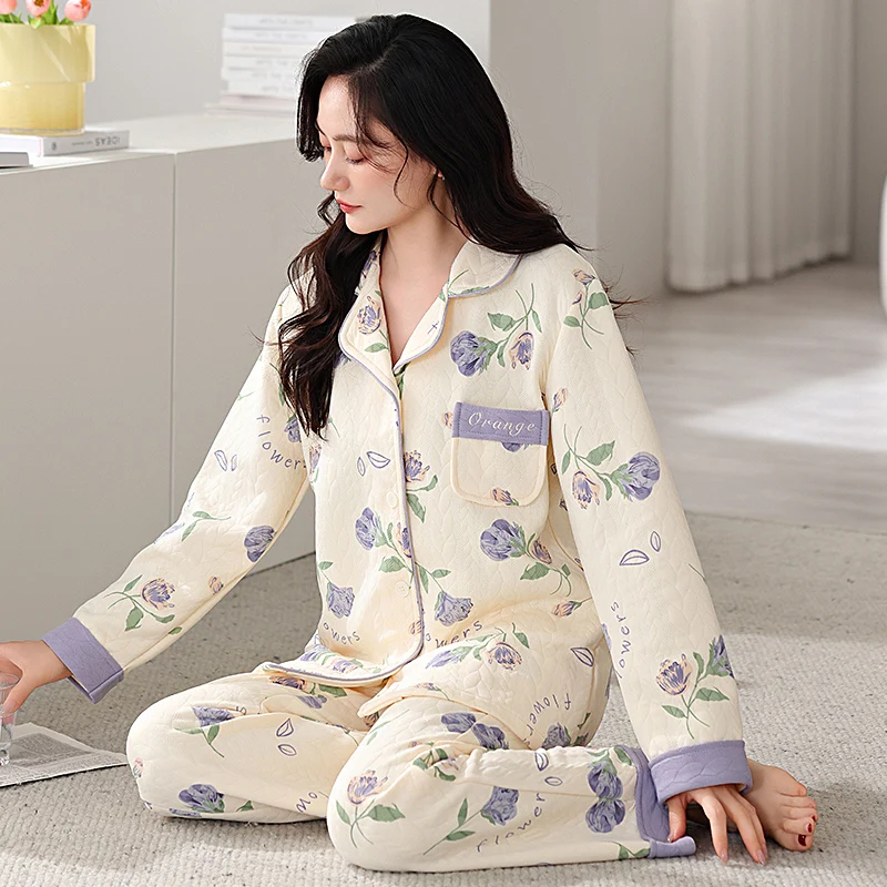 Three Layers Cotton Interlayer Homewear Winter Flowers Pajamas Set Women Lounge Set Pyjamas Sleepwear Nightwear Pijamas Mujer