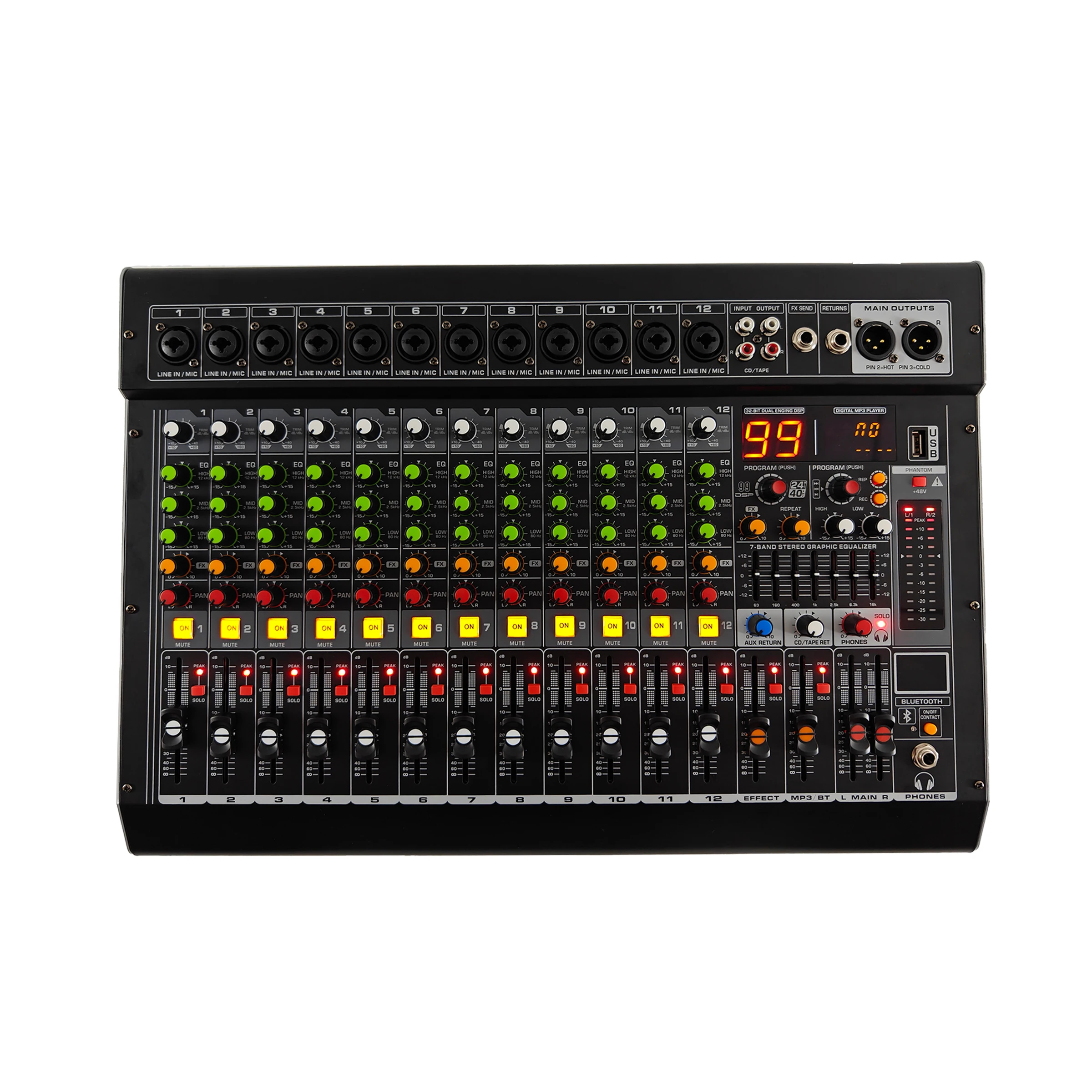 12 Channel Professional Audio Mixer Studio Audio Console USB MP3 Input 48v Phantom Power DJ Console