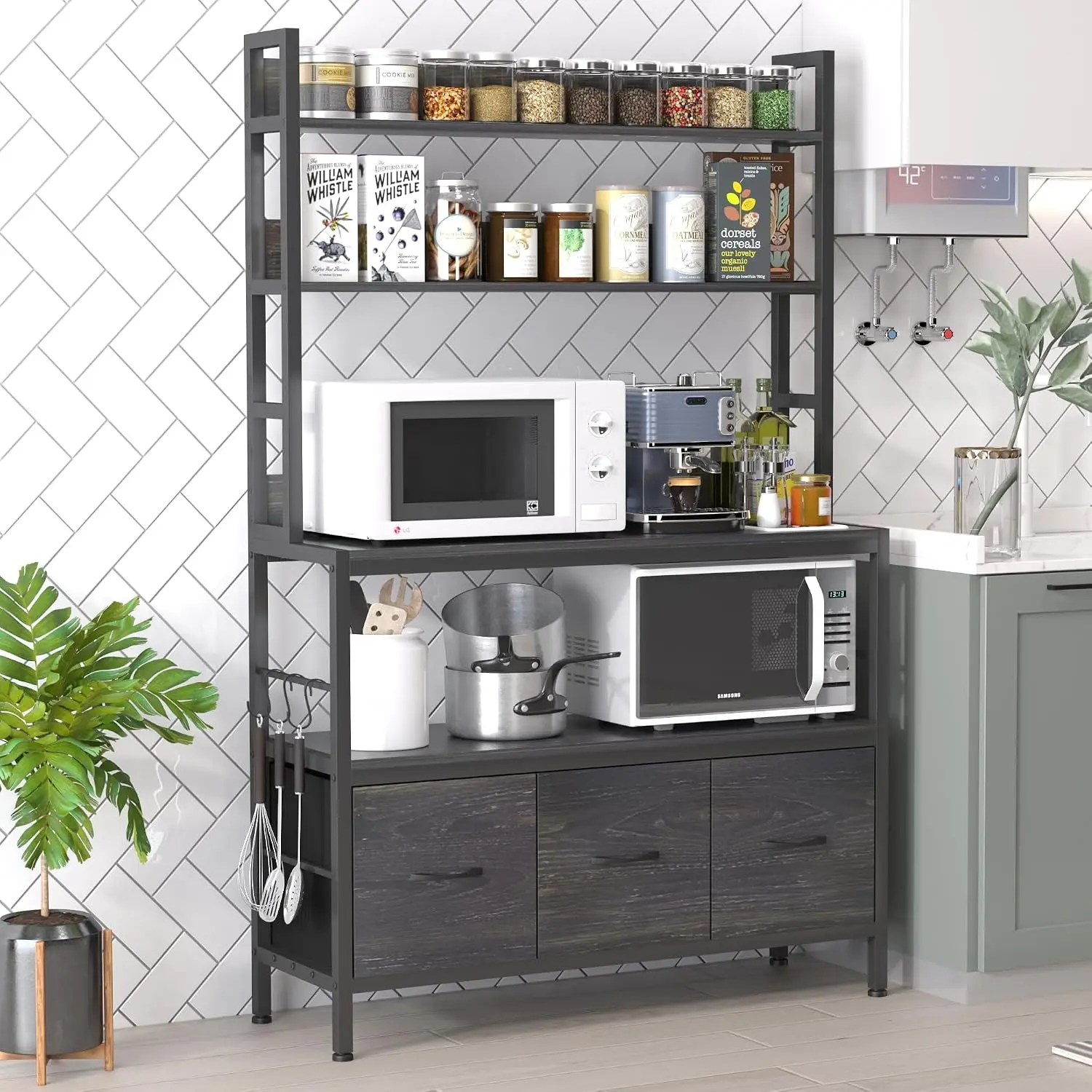 Kitchen Bakers Rack with Baskets,5-Tier Free Standing Storage Shelf Rack,Industrial Microwave Oven Stand,Metal Kitchen Rack