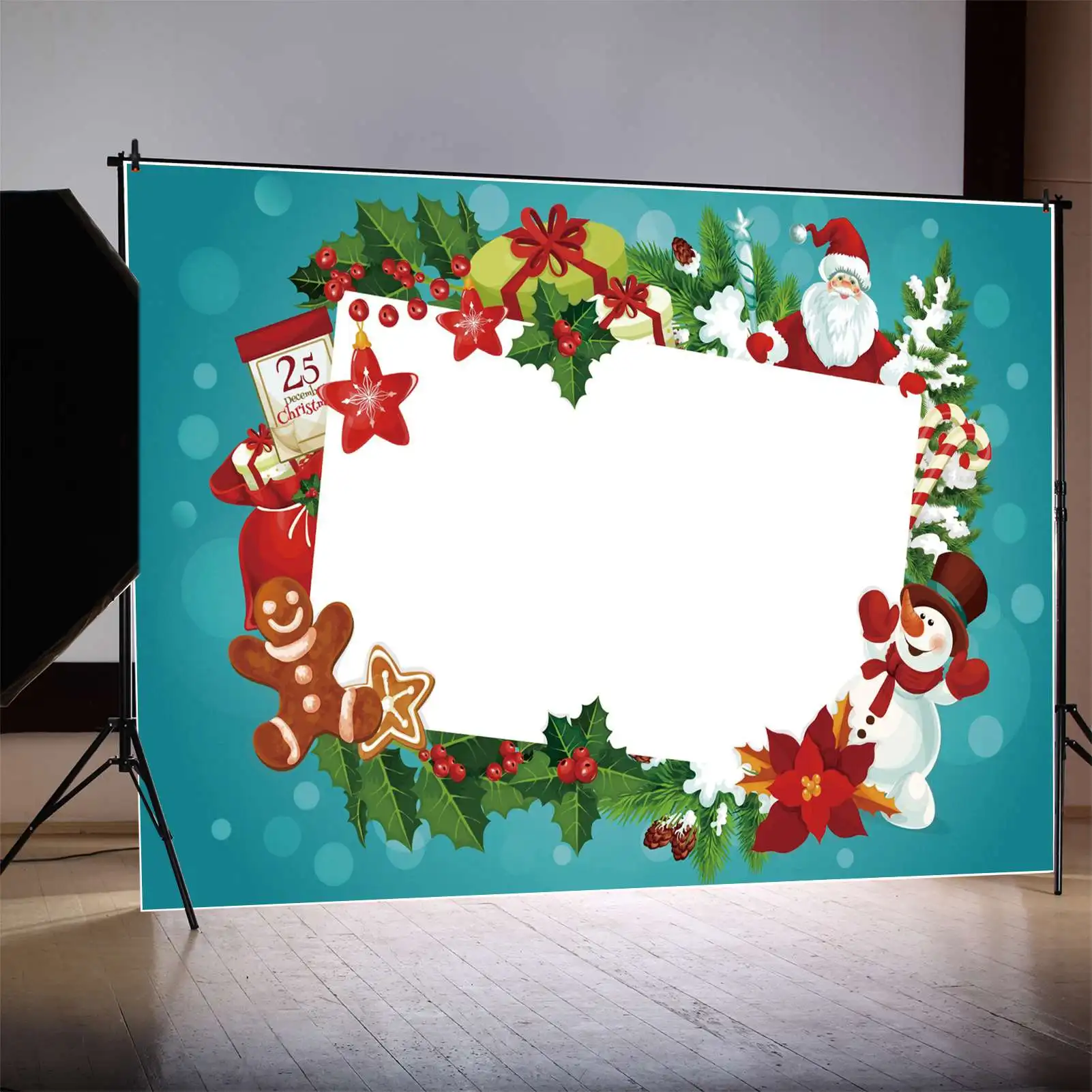 MOON.QG Backdrop Customized Christmas Banner Blue Dot Wall Blank Paper Party Background Red Star Santa Claus Snowman Photo Booth