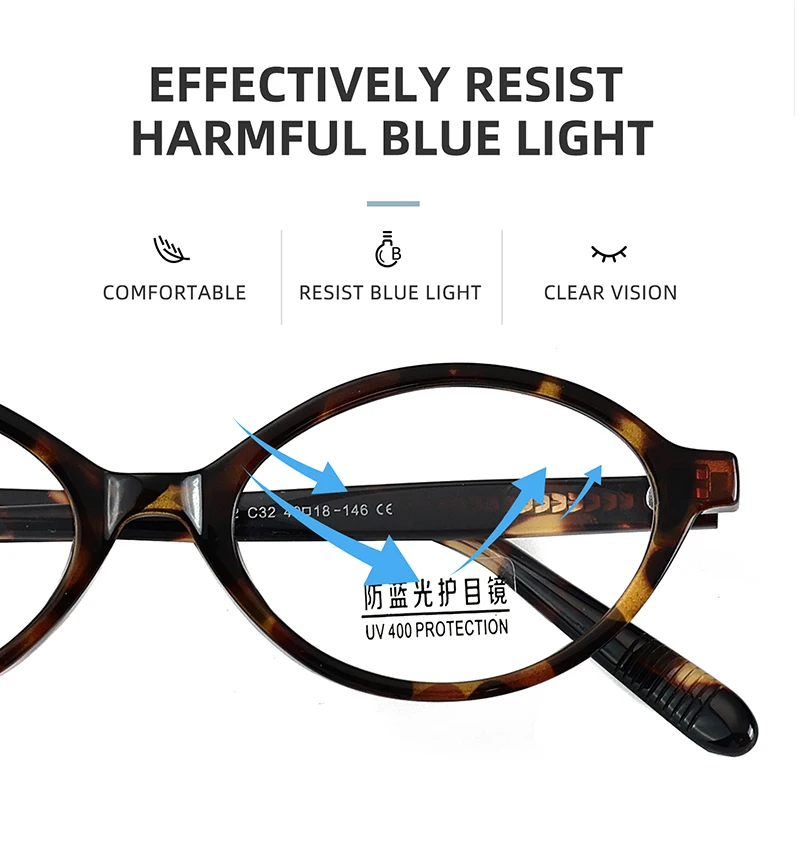 Kachawoo Kleine ovale Brille mit Blaulichtfilter, TR90-Acetat, Retro-Brillengestell für Herren und Damen, Unisex, europäischer Stil, Blaugrau – Detail 10