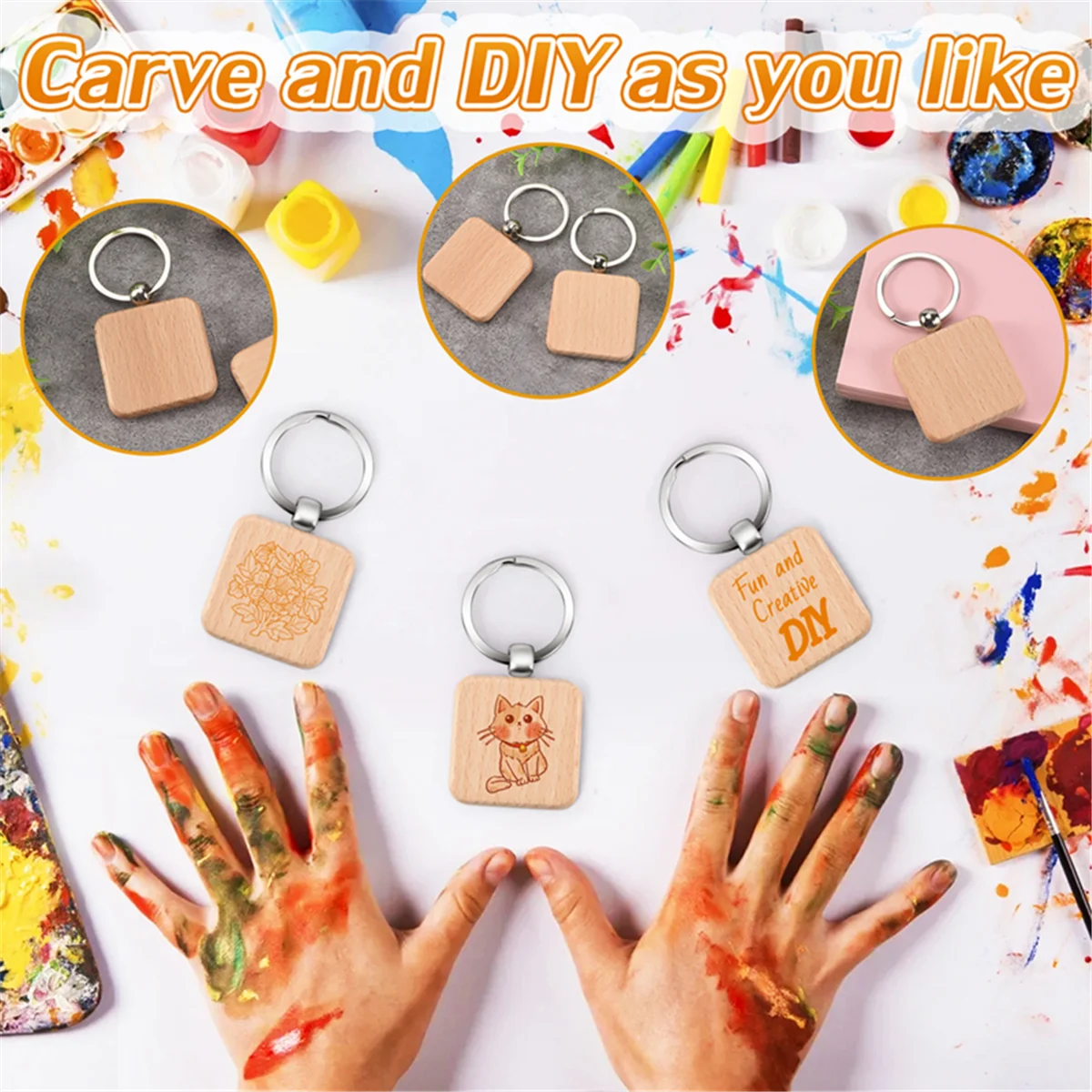 พวงกุญแจไม้ว่างเปล่าขนาด40x40มม., พวงกุญแจไม้แกะสลักทรงสี่เหลี่ยมแบบ DIY 100ชิ้น