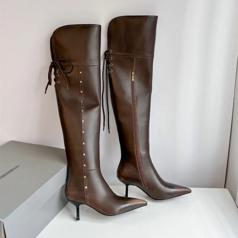 New Two Ways of Wearing Cowhide Cross Strap Over The Knee Boots Sexy Hot Girl Pole Dance 7cm High Heels Knight Boots Size 33-40
