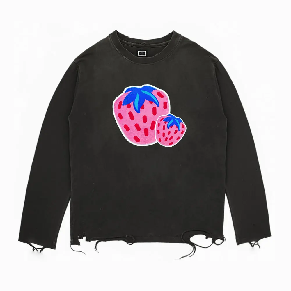 Advanced Embroidery Long Sleeve T-Shirt Cartoon Strawberry Design Lazy Style Vintage American Fruits Theme Casual Wear