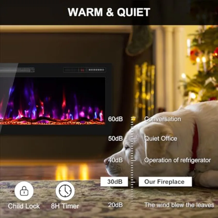 42 Inch Electric Fireplace Recessed and Wall Mounted Ultra Slim Linear Fireplace Heater with Realistic Log Design HD Lifelike F