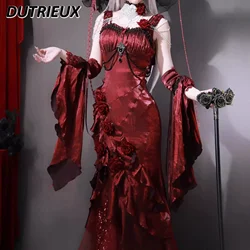 Red Rose Lolita Slimming Long Asymmetrical Fishtail Dress Lolita Halloween Muse Sexy Cos Suspender Dresses and Sleeves