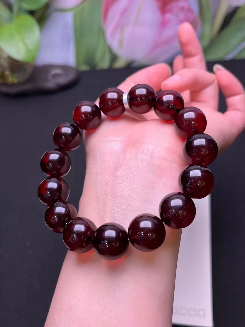 Natural Red Amber Round Beads Bracelet Stretch Women Amber 15mm Stretch Amber Bracelet Jewelry AAAAA