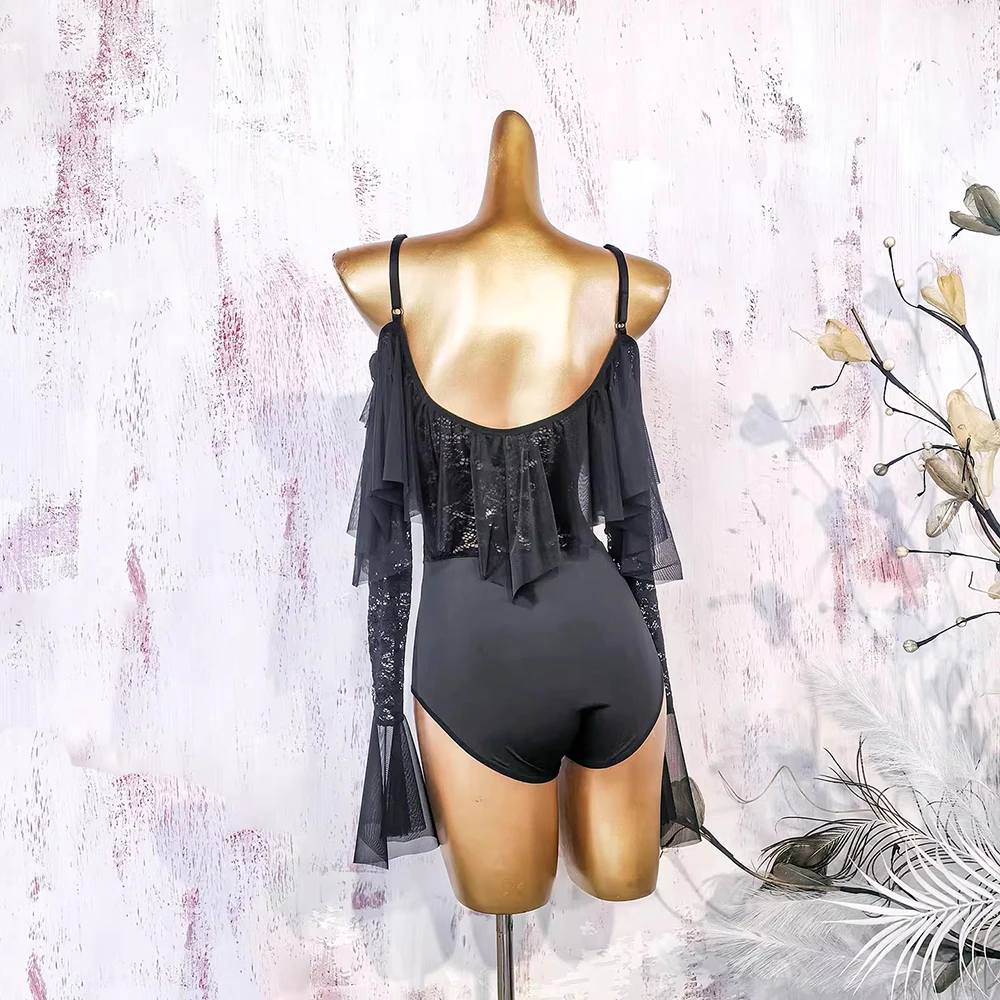 

Women's Black Lace Flare Sleeve Latin Dance Bodysuit Off Shoulder Ruffle Spaghetti Strap Ballroom Practice Performance Costume