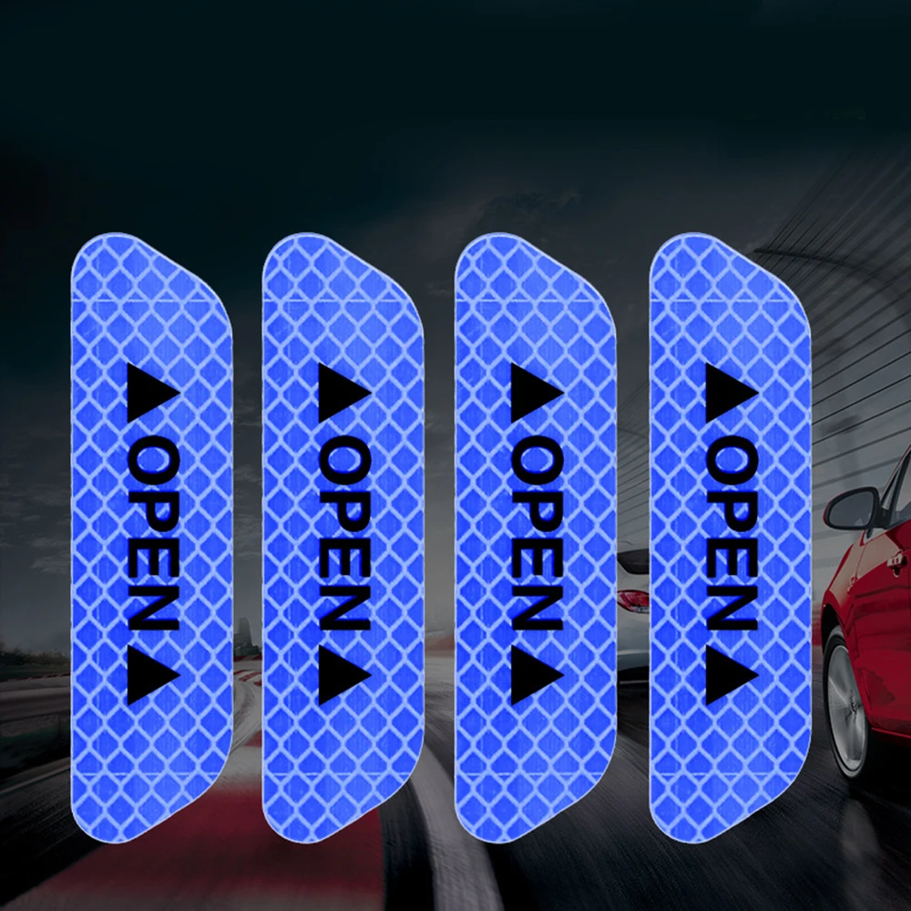 4Pcs Car Door Stickers Safety Mark OPEN High Reflective Tape Motorcycle Bike Helmet Sticker Driving Safety Strips