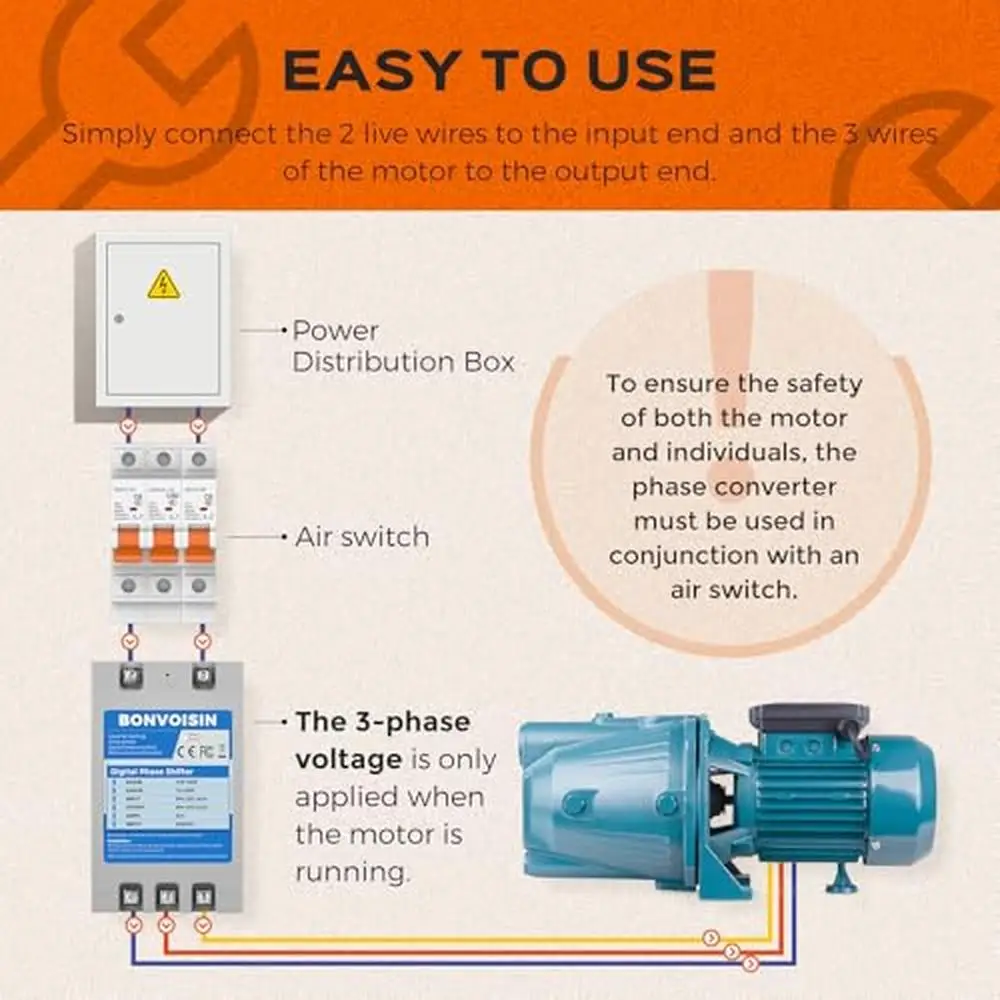 10HP Single Phase to 3 Phase Converter 7.5kW Digital Phase Shifter 30A 220-240V Input/Output Motor Converter Residential &