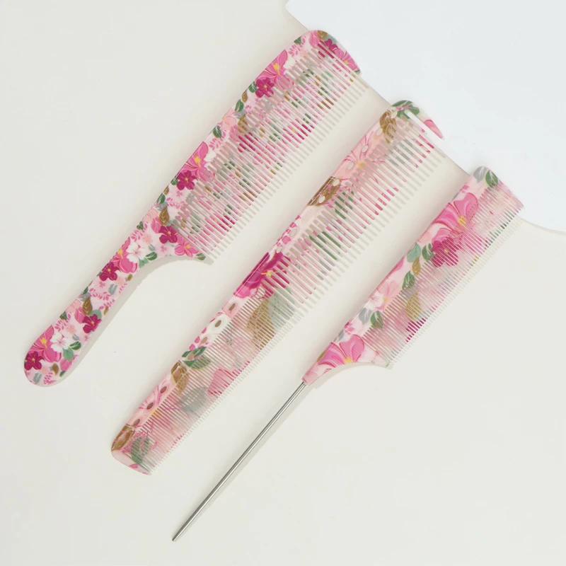 1 Stück/3 Stück Haarkämme inklusive spitzem Schwanzkamm und flachem Kamm. Strapazierfähiges ABS-Material. Blumenmuster, nicht anfällig über den Haartyp
