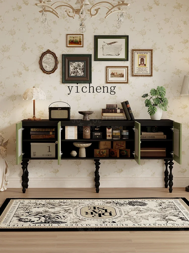 CZ Solid Wood Entryway Antique Style Console Vintage Green Entryway Cabinet Four-Leaf Clover Shell Storage Cabinet