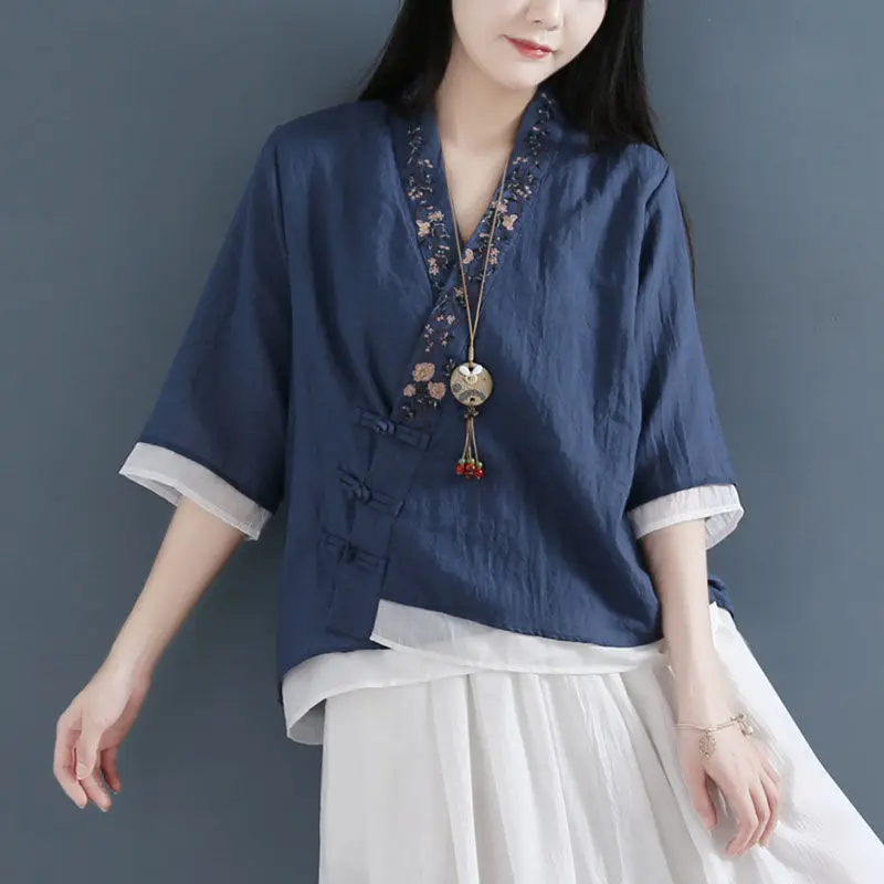 Summer New Ethnic Style Vintage Cotton and Linen Shirt Female Patchwork Fake Two Pieces Embroidered Loose Casual All-match Tops