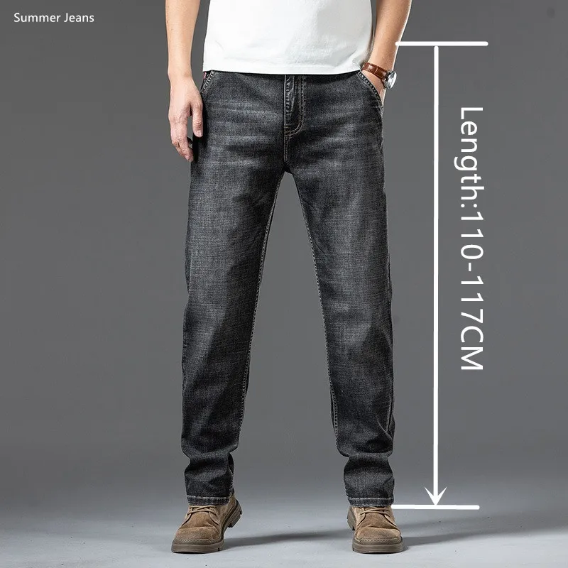 

Summer Jeans Tall Man Thin Straight Plus Size 140KG Blue Denim Black Extra Long Pants Thin Male Stretched Lengthened Trousers