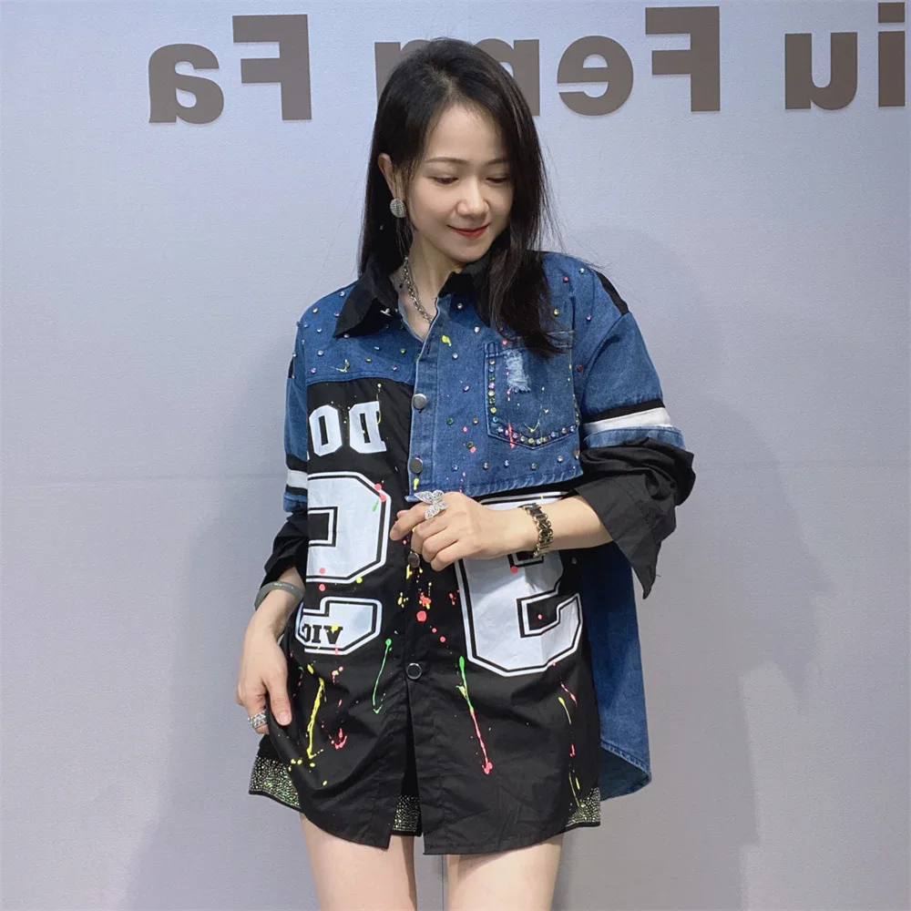 

Fashion Long Sleeve Denim Shirts Women Clothes Loose Splice Rivet Loose Fake Two Pieces Jeans Blouse Costs Camisa Feminina