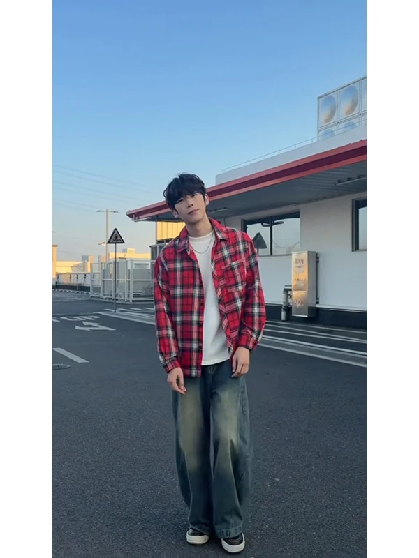American Retro Red Plaid Shirt Jacket Men's Spring Color Collision Trendy Loose Couple Checkered Casual Style Long Sleeve