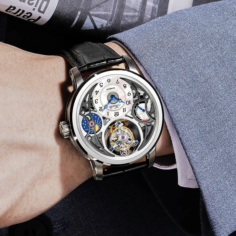 Haofa Manual Tourbillon Watch for Men Skeleton Moonphase Mechanical Movement Mens Watch Sapphire Business Casual Wristwatch 1939