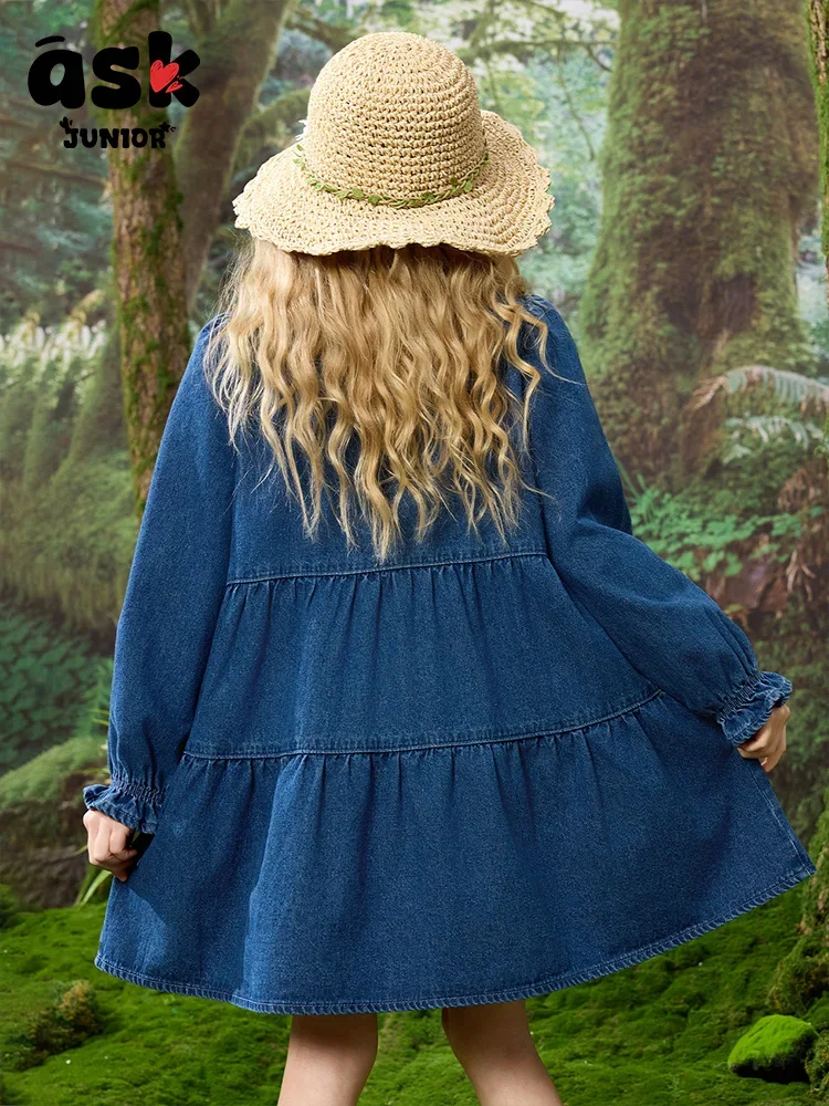 فستان صيفي ASK Junior Tween Girl مطرز بالزهور وأكمام طويلة وصدر واحد كاجوال من قماش الدنيم