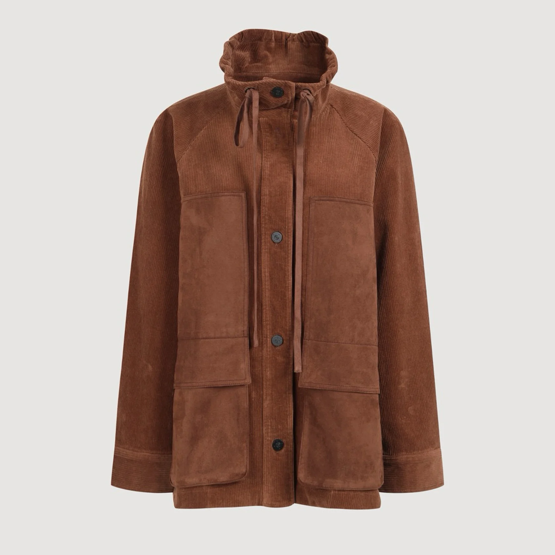 Lemon Cheese LUC26 Veste Courte Décontractée pour Femme, Style Printemps, Vêtement de Travail, en Velours Côtelé avec Patchwork en Daim et Multi-poches