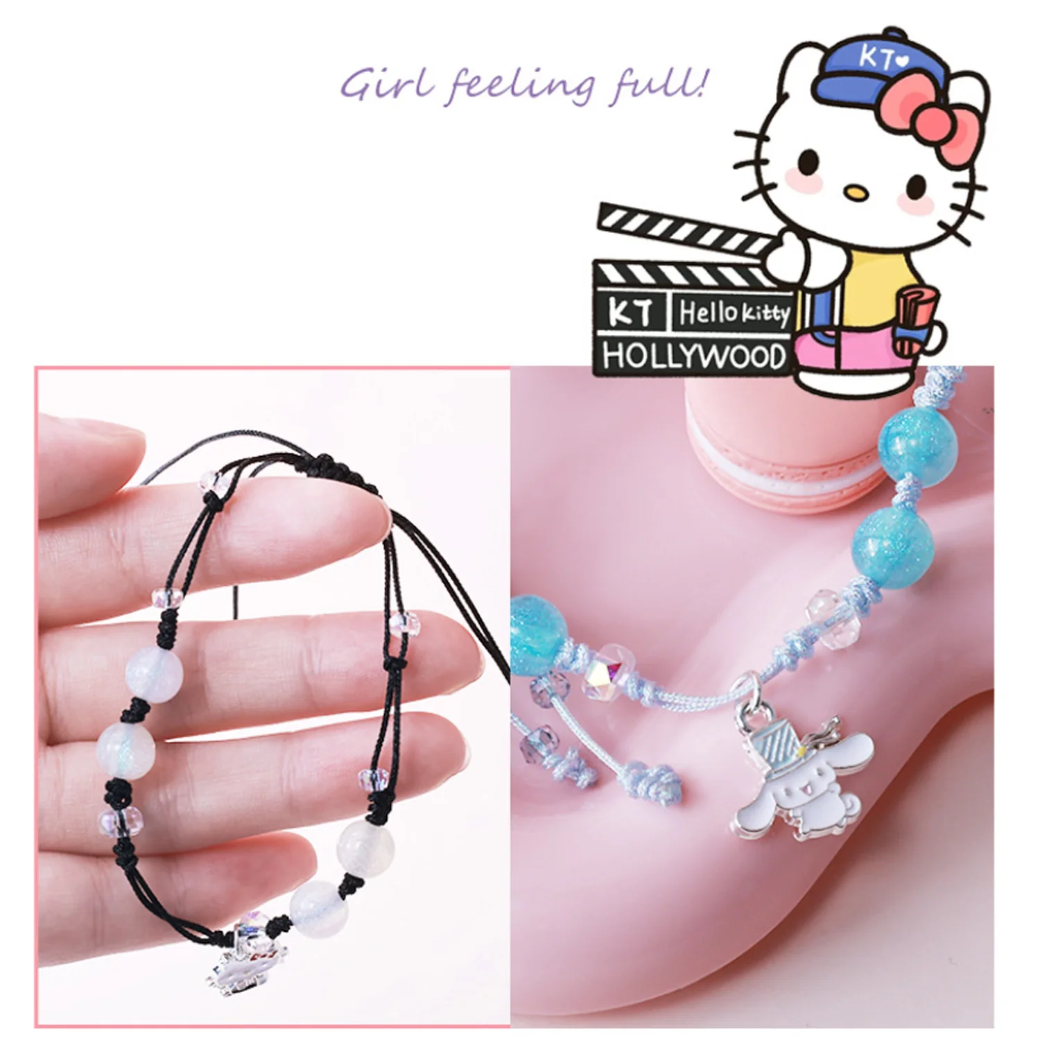 Kuromi Cinnamoroll Braided Beaded Wrist Ornament Glitter Crackle Beads Hand‑woven Craft For Girls Daily Decoration Holiday Gift