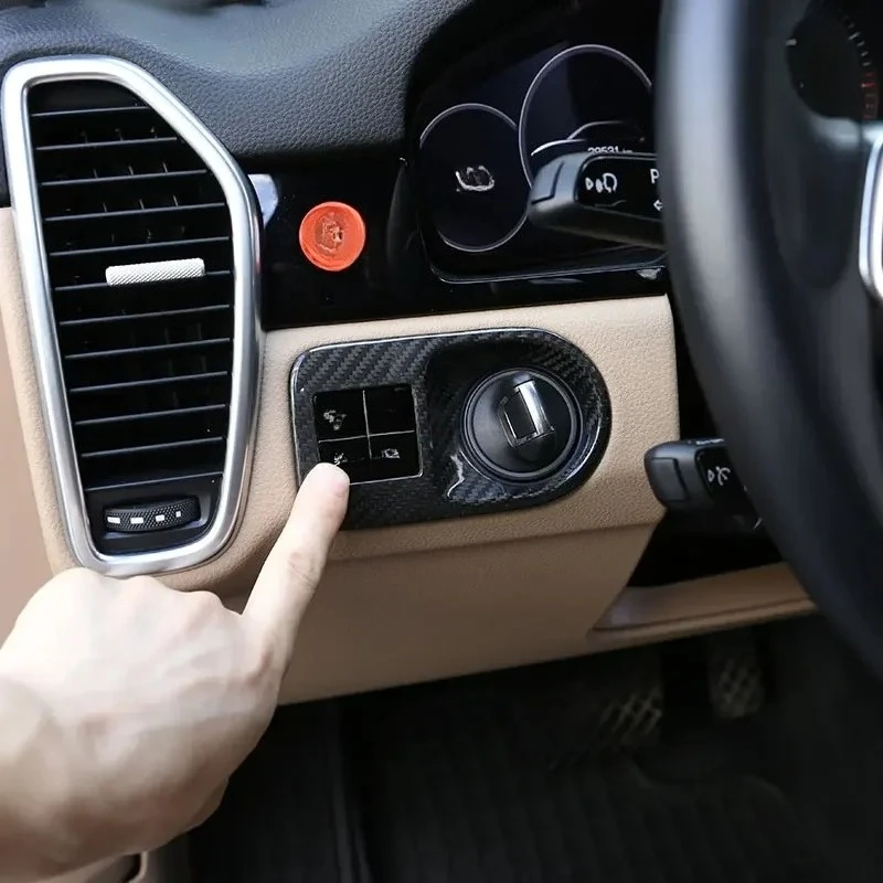 

Для Porsche Cayenne настоящее сухое углеродное волокно 18-23 переключатель фар рамка крышка наклейка отделка украшение интерьера авто аксессуары