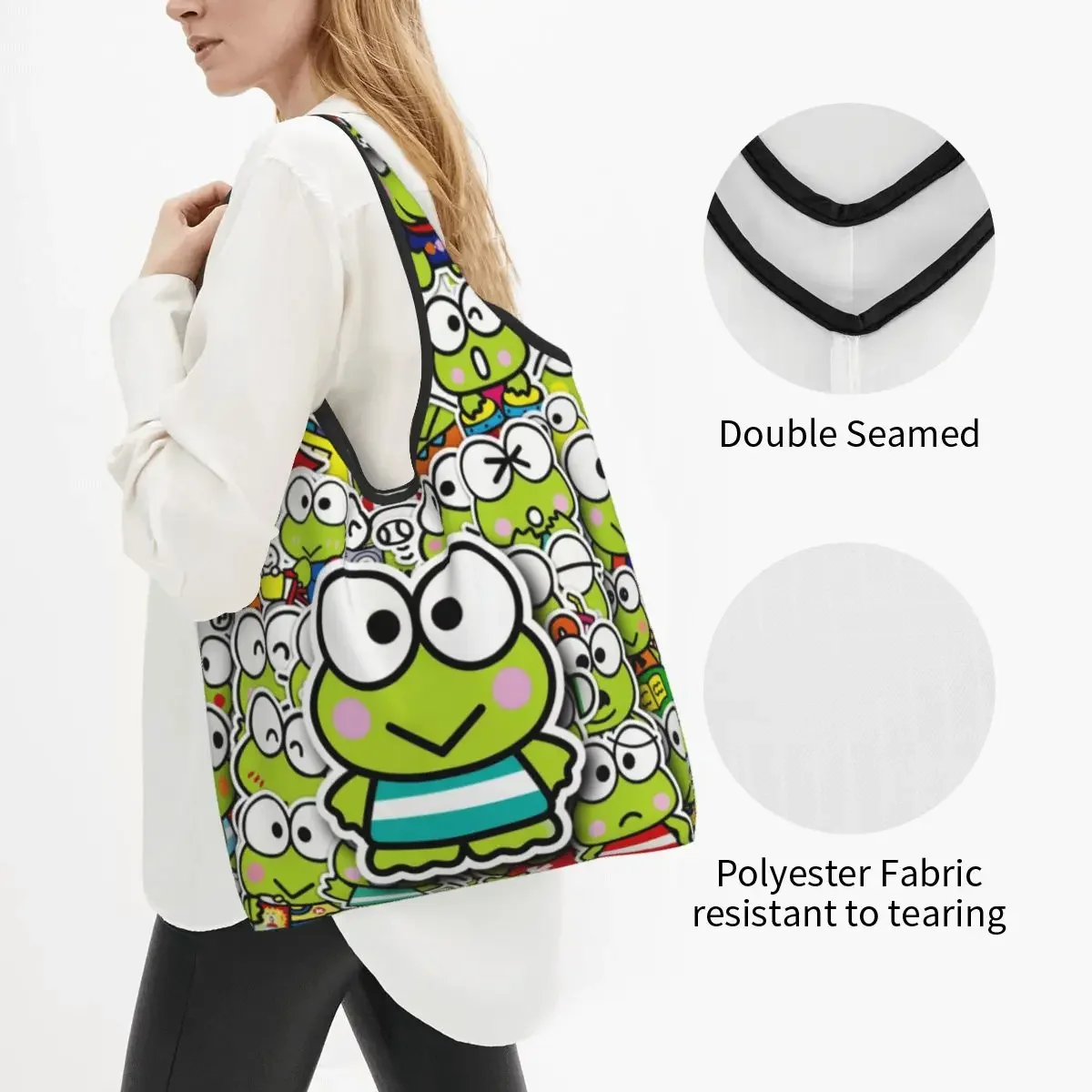 Custom Fashion Printed Cartoon Kero Kero Keroppi Sanrio Anime Tote Shopping Bag Portable Shopper Shoulder Handbag