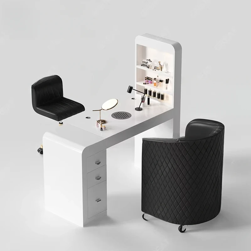 

Modern black leather wooden manicure table Luxury salon equipment Nail table with drawers and vacuum cleaner