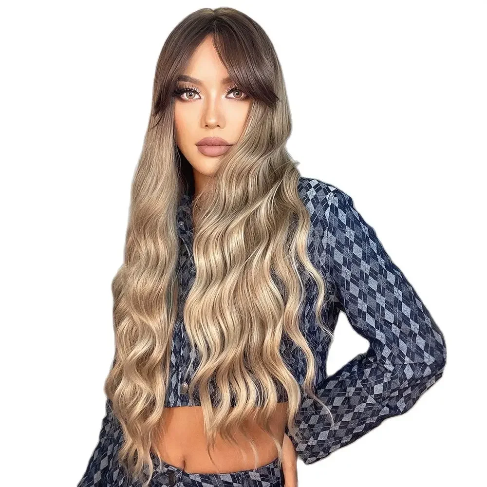 ALAN EATON Long Water Wave Synthetic Wig for Black Women Omber Dark Brown Wigs with Long Side Bangs Cosplay Party Heat Resistant