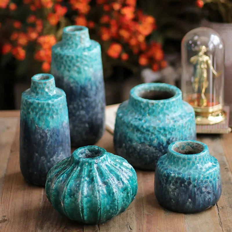 Gradient Blue Dry Vases Leaking Stoneware Plant Pots Decorative Flower Vase American Decorations for Home Living Room Decoration