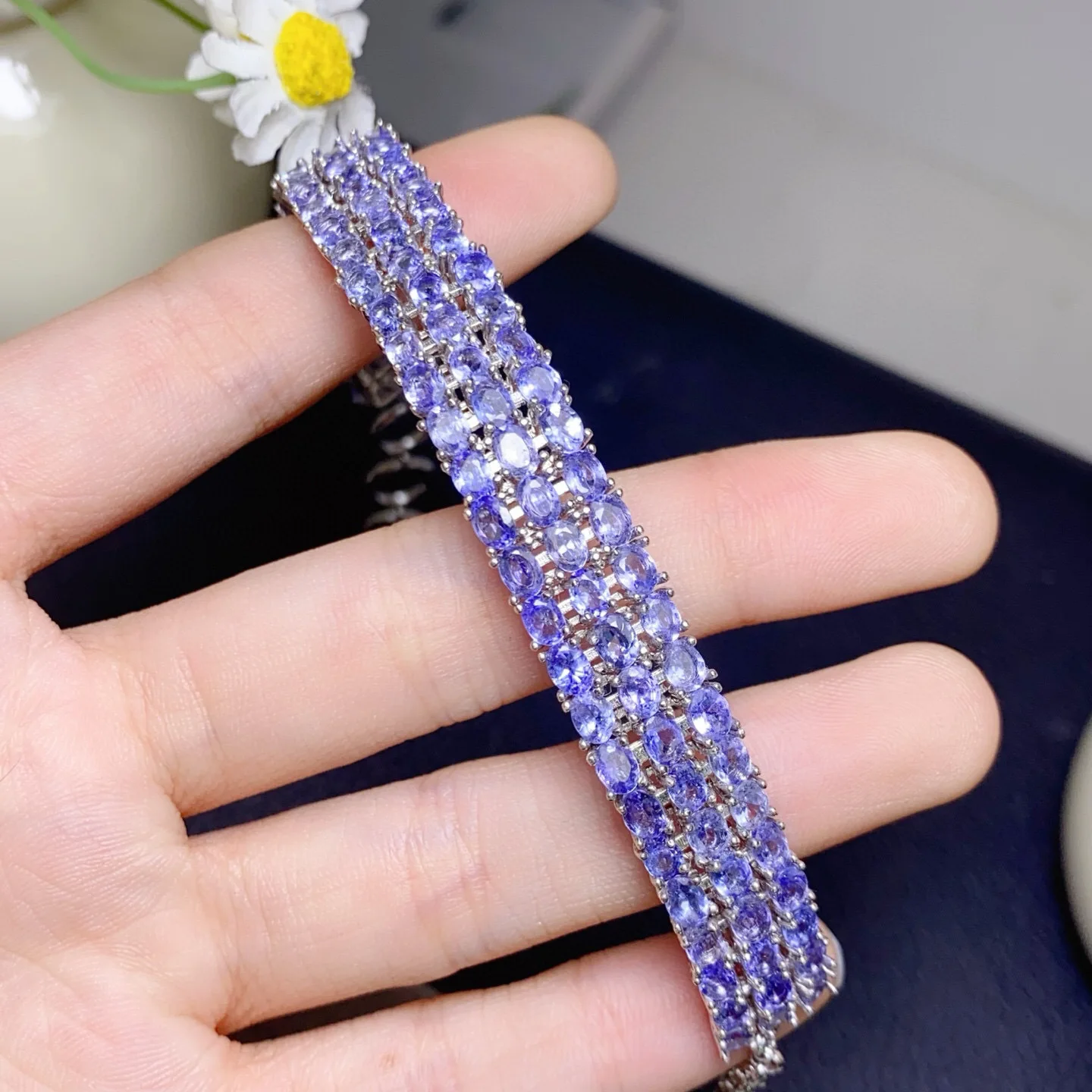 Natural Vivid‑Purple Tanzanite Bracelet,S925 Fine Silver Inlay 3*4mm Main Stone,Luxury Pave‑Set Gem Bracelet for Women