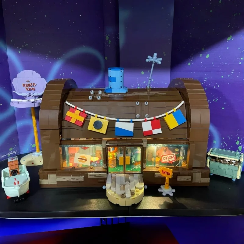 AREAX Spongebob Cartoon Krusty Krab Kreatives Restaurant Baustein-Blindbox Szenenmodell Montage Lernspielzeug