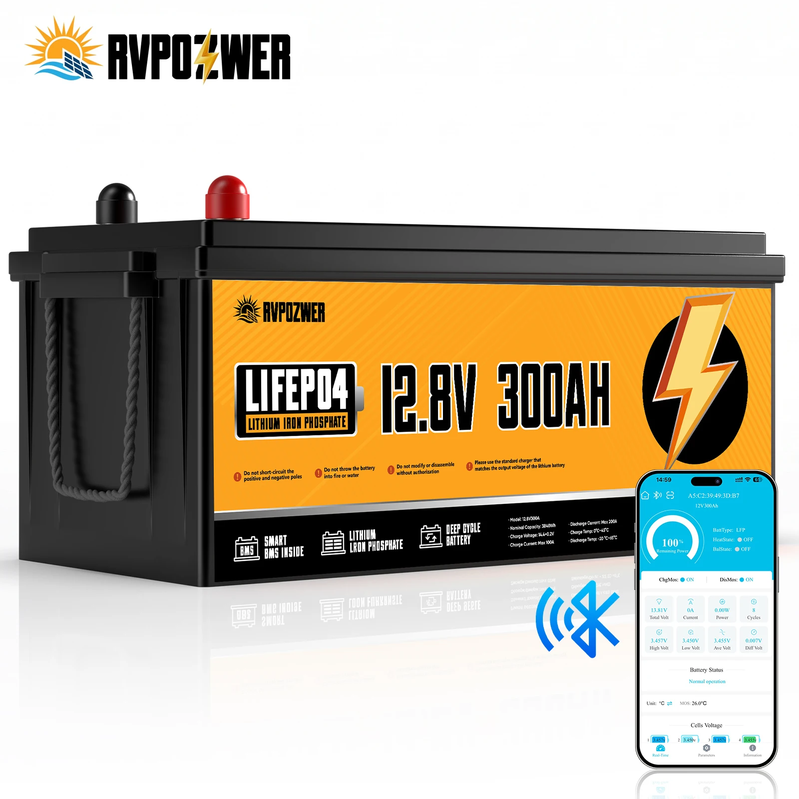 RVPOZWER Bluetooth LiFePO4 Lithium Iron Phosphate Rechargeable Storage Battery,200A BMS Protection,15000+ Deep Cycles,Low Temperature Cutoff Protection, Perfect For Trolling Motor,RV,Marine Vessel,Solar,Off-Grid Power,12V 300Ah 3840Wh