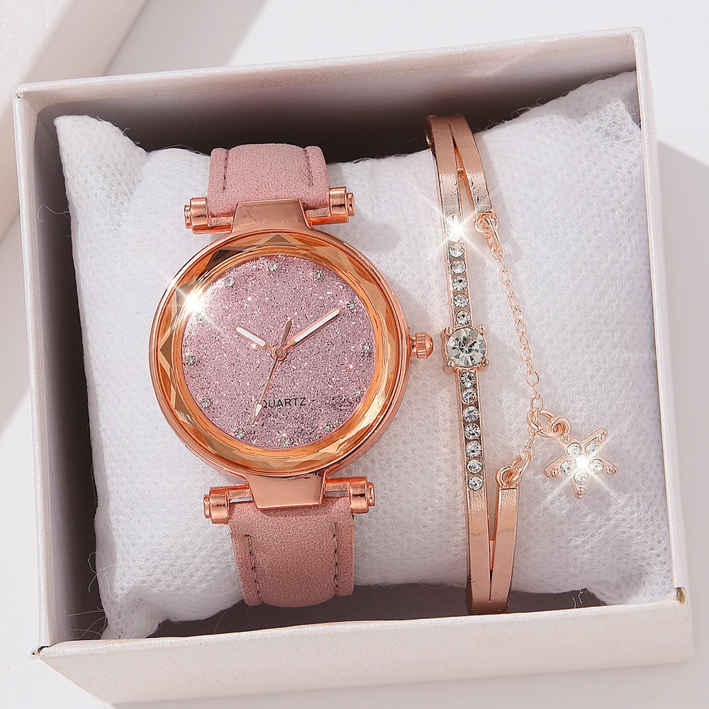 Pink Luxury Fashion Women Watch Set Colourful PU Leather Strap Ladies Quartz Wristwatch Alloy Bracelet For Ladies Gift(No Box)