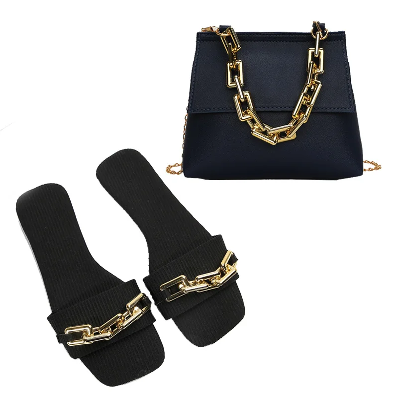 New Chain Flat Slippers For Women In Plus Size Wearing Cloth Sandals Fashionable And Trendy Gold Chain Decoration Crossbody Bag