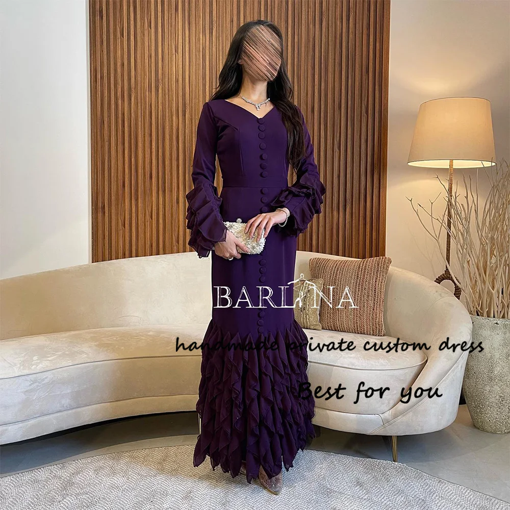 

Plum Mermaid Evening Dresses Long Sleeve V Neck Luxury Arabic Formal Prom Dress Floor Length Chiffon Satin Evening Gowns