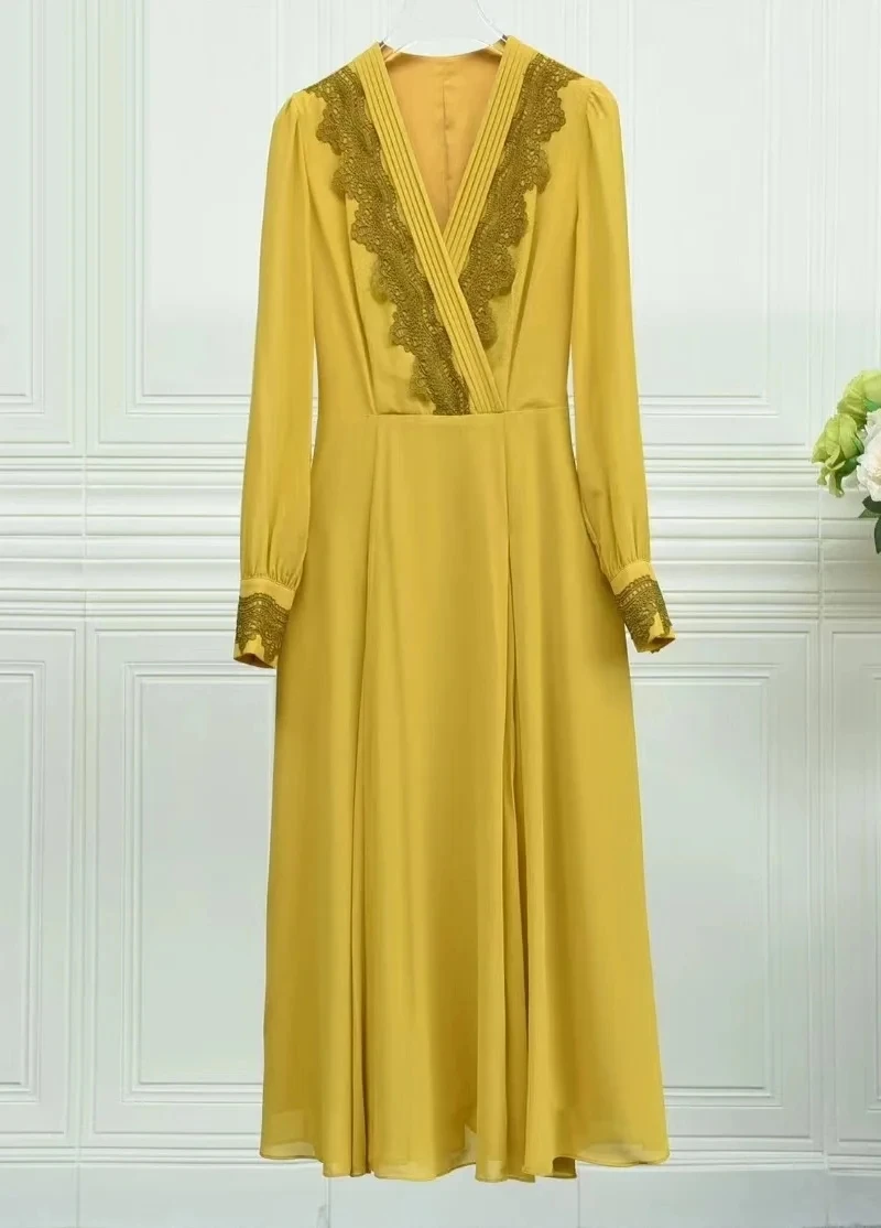 

XXL Long Dress 2024 Spring High Quality Clothes Women V-Neck Lace Embroidery Long Sleeve Purple Yellow Long Maxi Dress Evening