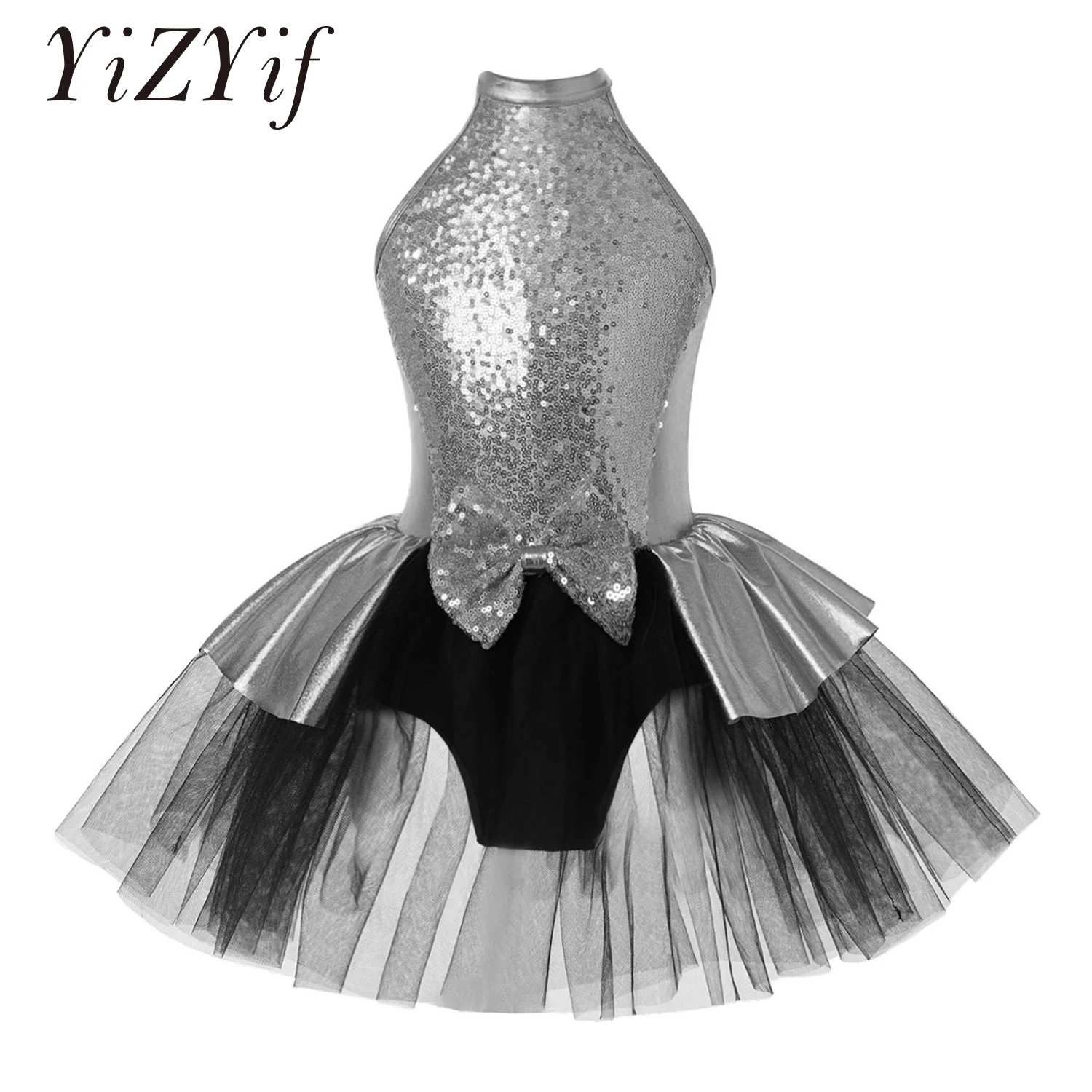 Kids Girls Sparkly Sequins Bowknot Ballet Dance Tutu Dress Gymnastics Leotard Ballerina Competition Stage Performance Costume