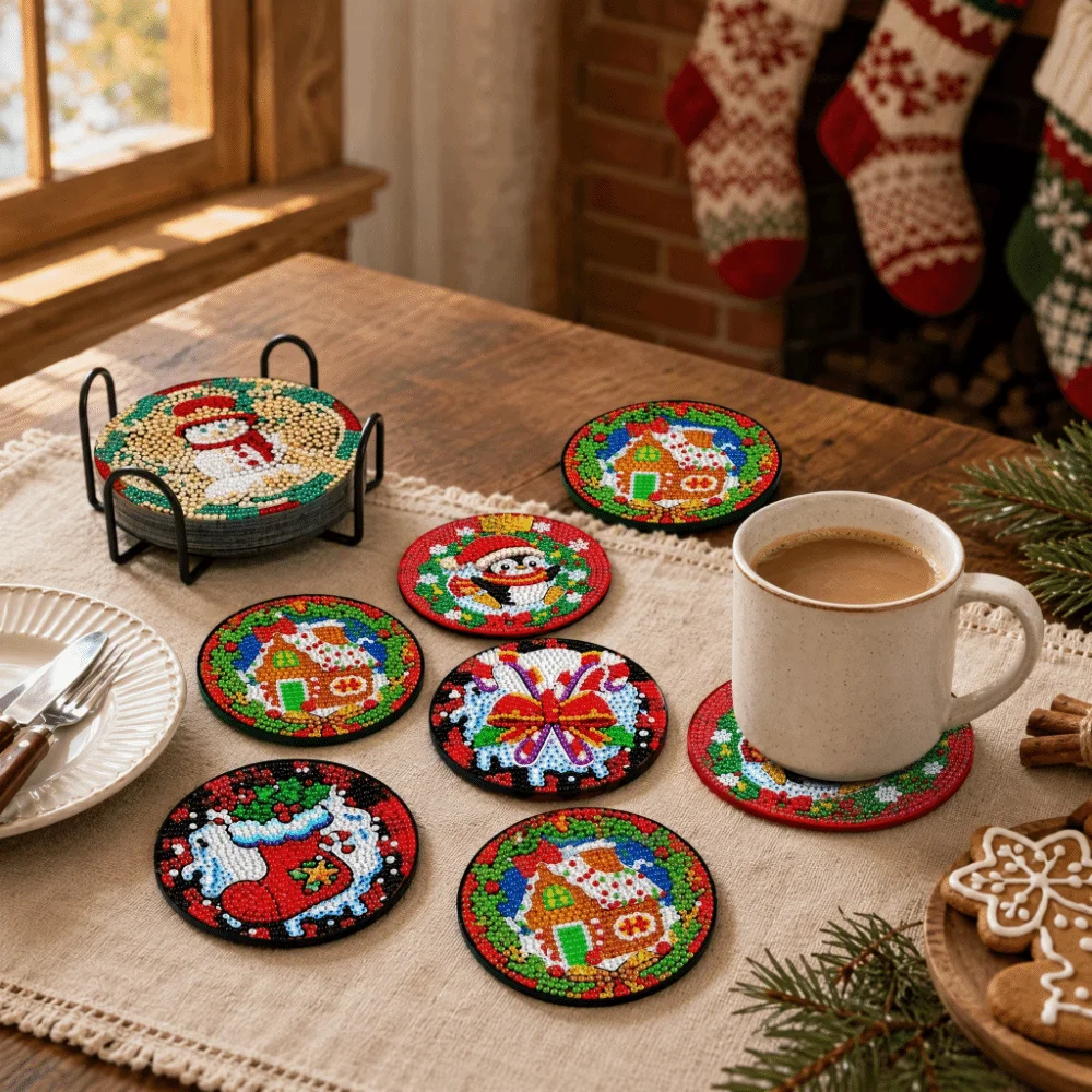 8Pcs with Metal Stand DIY Painting Coasters Entry-level Handmade Round Art Coasters Simple Table Protector Diamond Coaster Kit
