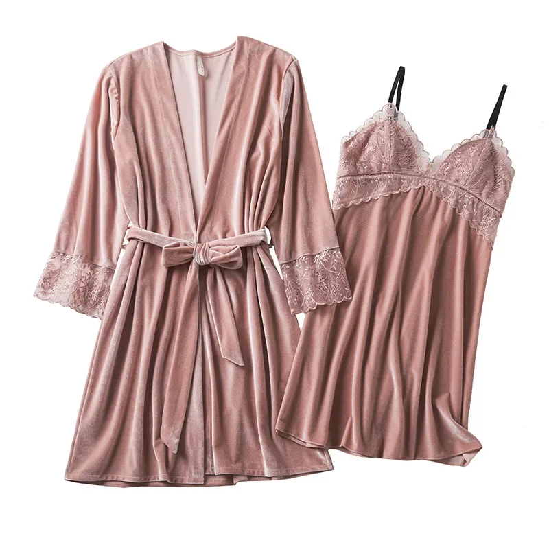 Lace Robe Gown Set Womens Sleepwear Nightgown Sleep Suit Casual Velour Kimono Bathrobe Nightdress Sexy Home Wear Loungewear