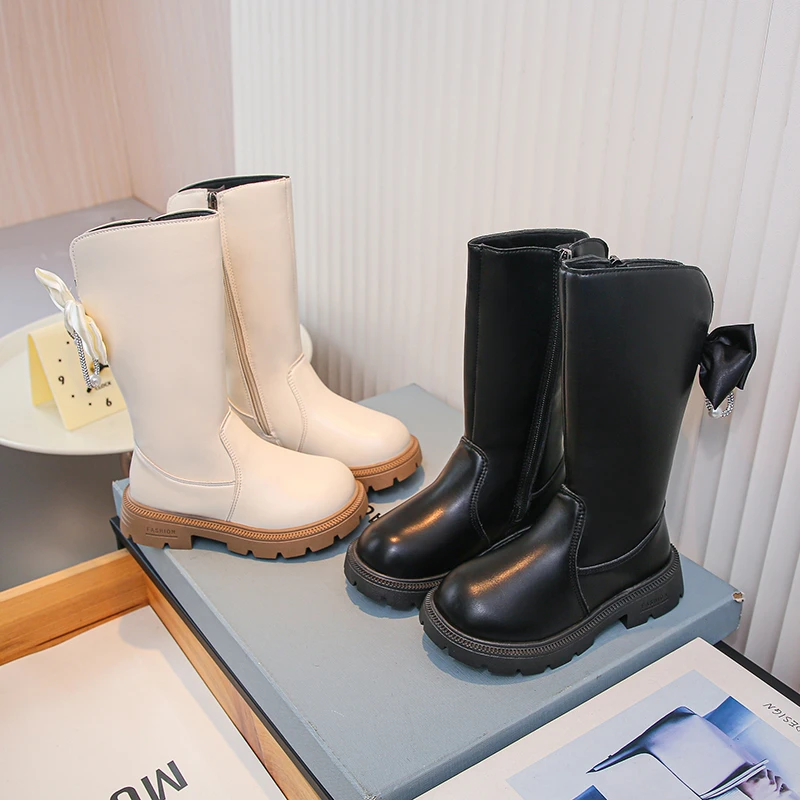 

2025 New Knee Length Cool Shapes Children Shoes Kids Boots Autumn Winter Fashion High Top Student Shoes Girls Boots with Bow