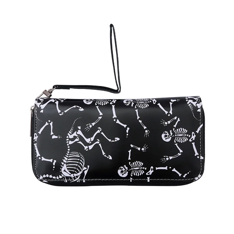 Portefeuille long motif tête de mort pour femme, style vintage, spacieux, multi-cartes, sac mobile