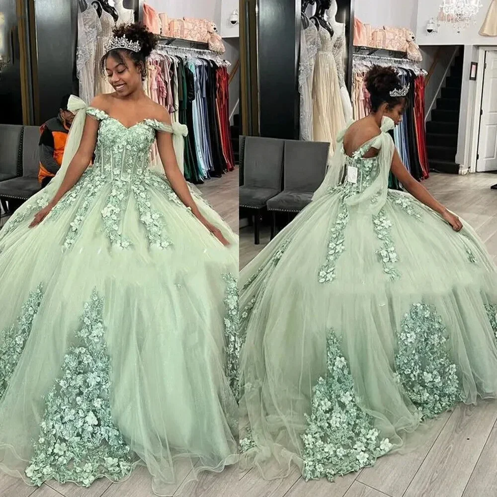 Vestido De fiesta verde salvia con manga De capa para mujer, Vestidos florales 3D para quinceañera, Vestidos De cumpleaños dulces 15, Vestidos De fiesta De 15 An