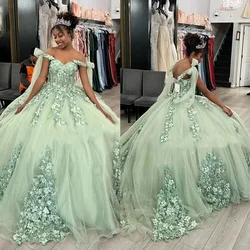 Cape Sleeve Sage Green Prom Dress 3D Florals Quinceanera Dresses Sweet 15 Birthday Dress For Women Party Gowns Vestidos De 15 An