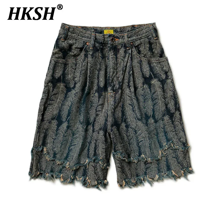 HKSH Spring Summer New Men's Tide Punk Jeans Feather Print Denim Trend Casual Shorts Women Chic Fashion Streetwear Capris HK2357