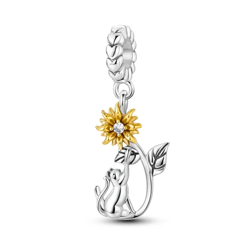 Original 925 เงินสเตอร์ลิงสีเหลืองหัวใจสัตว์ดอกทานตะวัน Daisy Beaded Charm สําหรับ Pandora DIY สร้อยข้อมือสุภาพสตรีเครื่องประดับของขวัญ